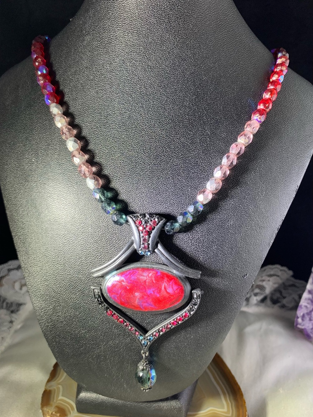 Chico's Pink and Red Beaded Pendant Necklace